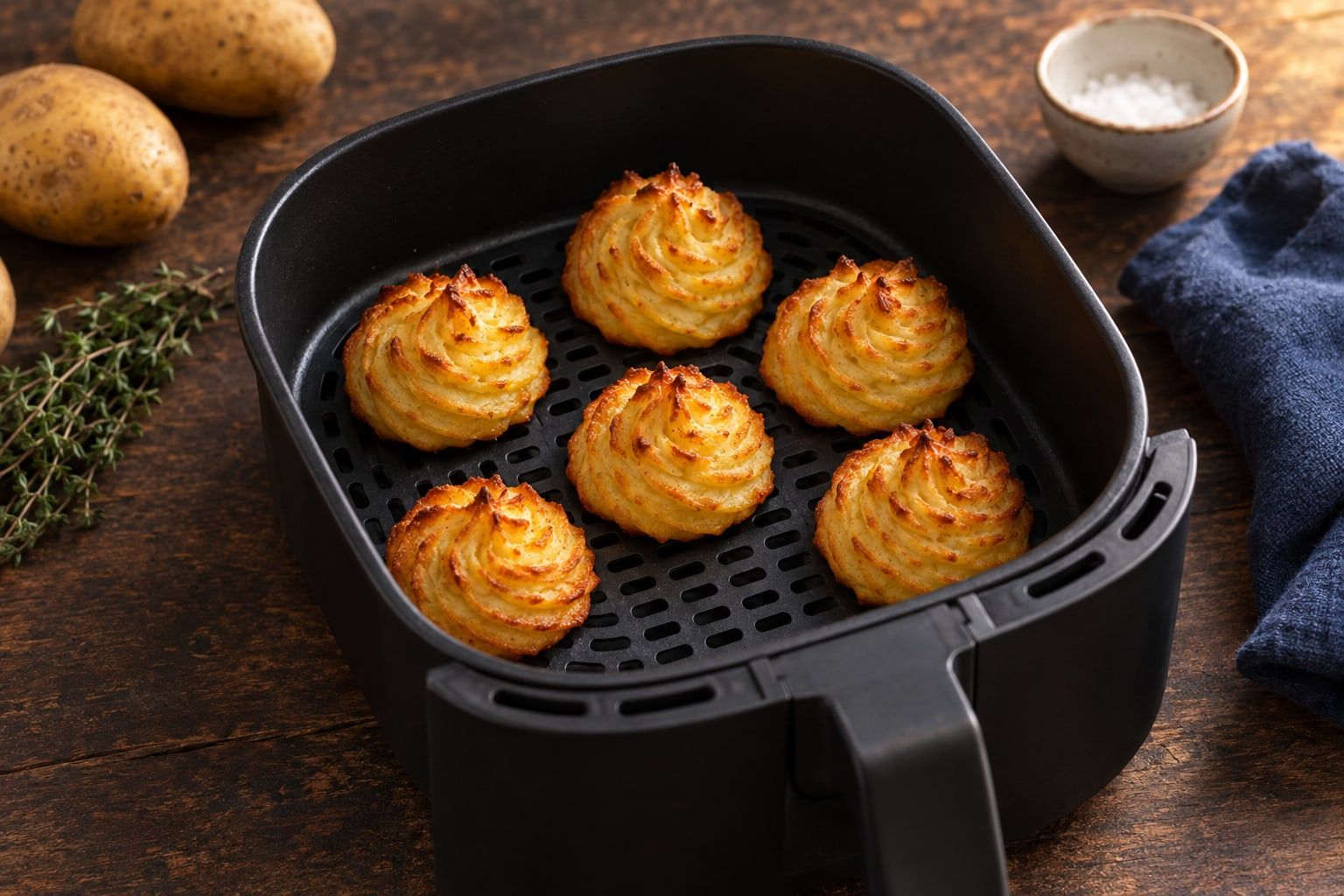 Pommes duchesse au air fryer, six rosettes aux crêtes dorées dans le panier