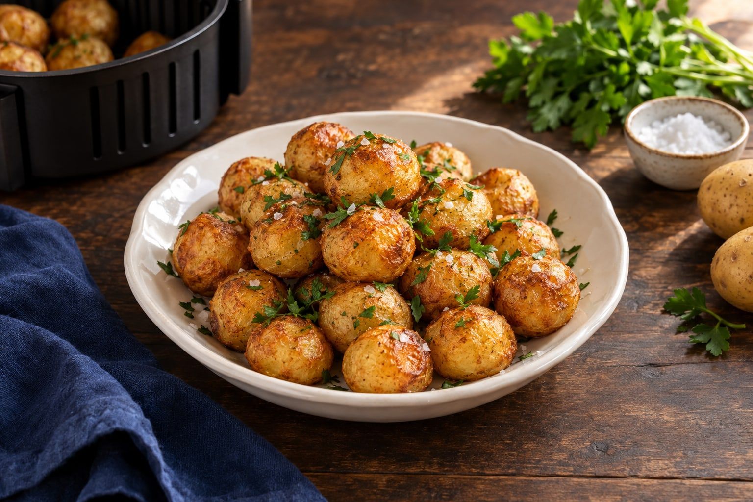 Pommes noisettes au air fryer, billes de pomme de terre dorées au persil dans un plat blanc