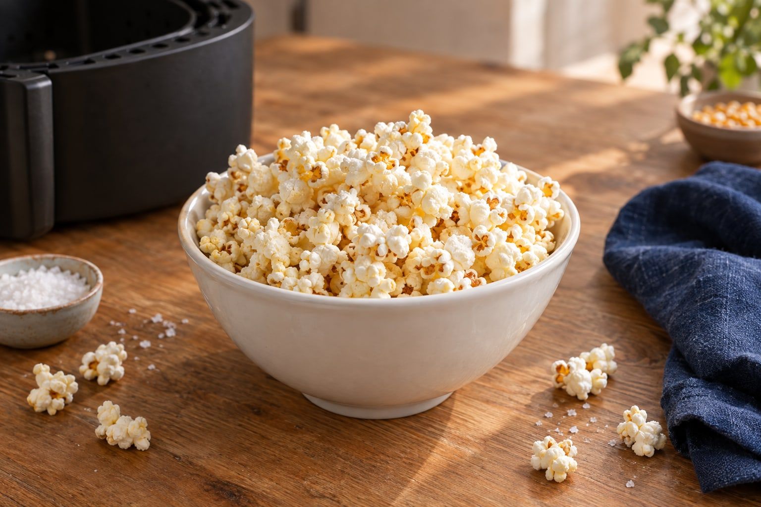 Pop-corn au air fryer, bol de pop-corn blanc et doré, légèrement salé