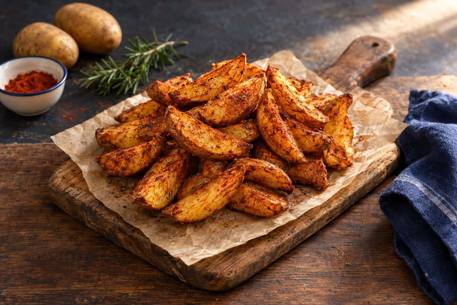 Potatoes au air fryer, quartiers épicés au paprika et dorés sur une planche en bois