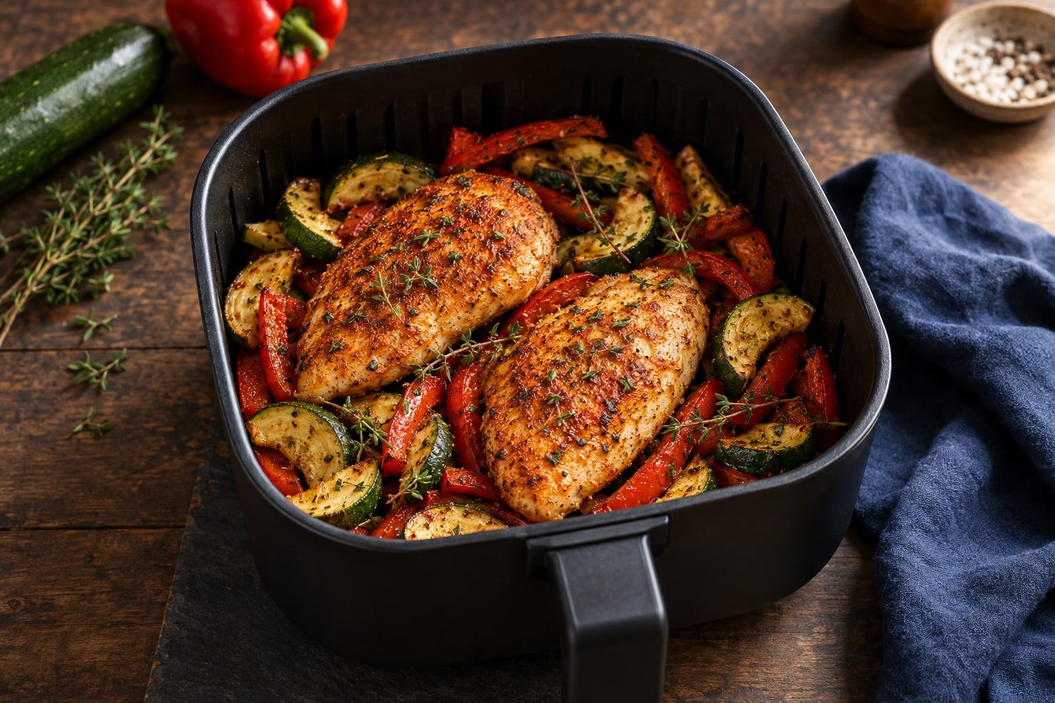 Poulet et légumes au air fryer, deux blancs dorés avec courgette et poivron rouge dans un panier noir