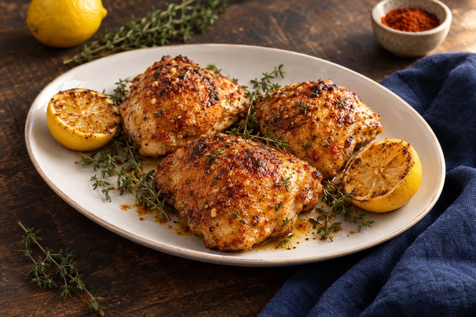 Poulet mariné au air fryer, trois hauts de cuisse dorés au citron et au paprika dans un plat ovale blanc