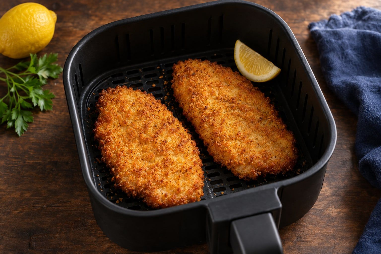 Poulet pané au air fryer, deux escalopes à la panure dorée dans un panier noir