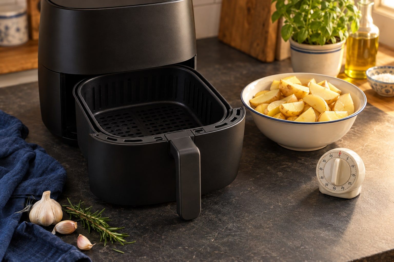 Préchauffer air fryer, panier vide en place dans un appareil ouvert sur un plan de travail de cuisine