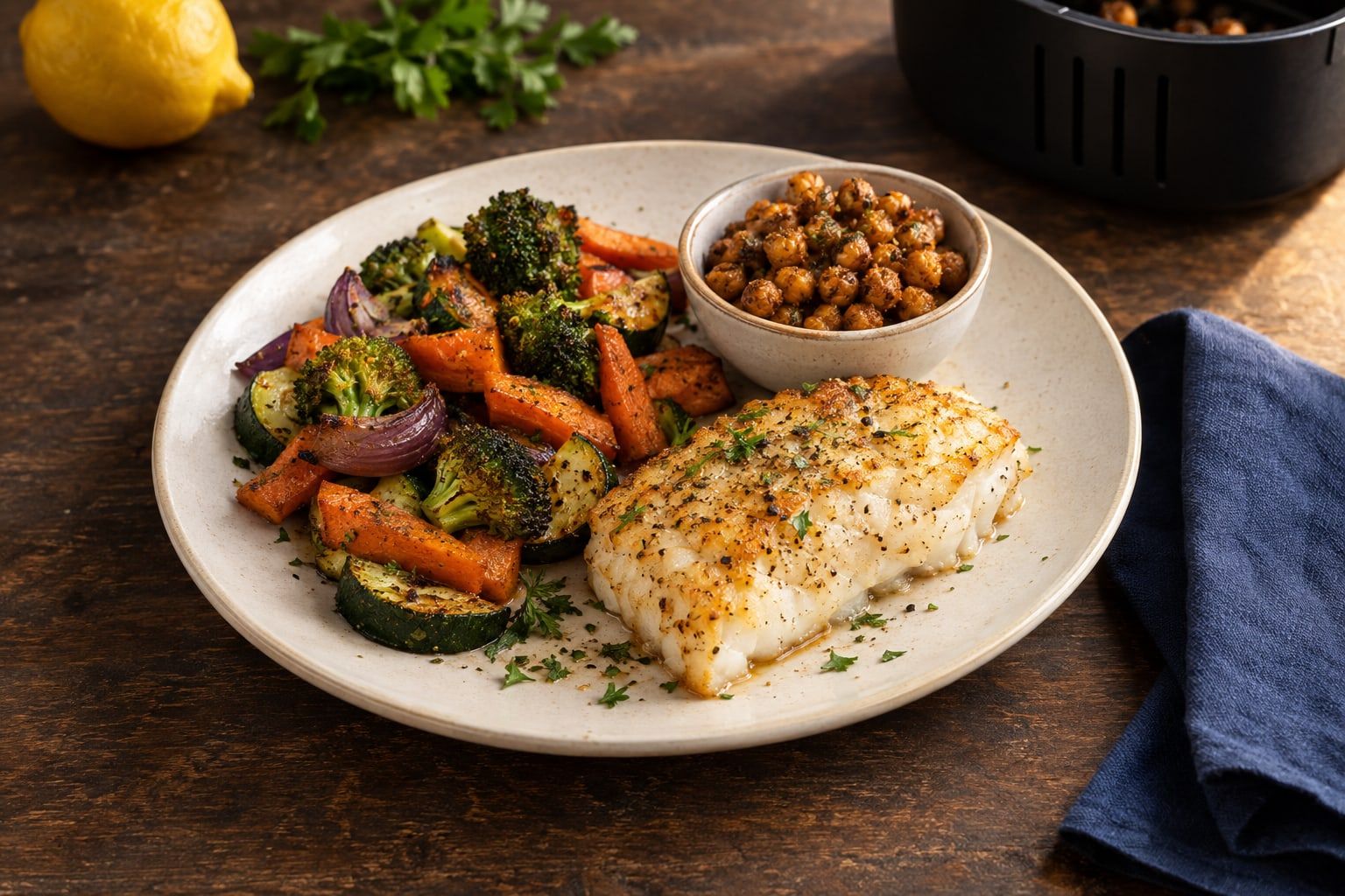 Régime air fryer : légumes rôtis, filet de poisson doré et pois chiches grillés dans une assiette creuse
