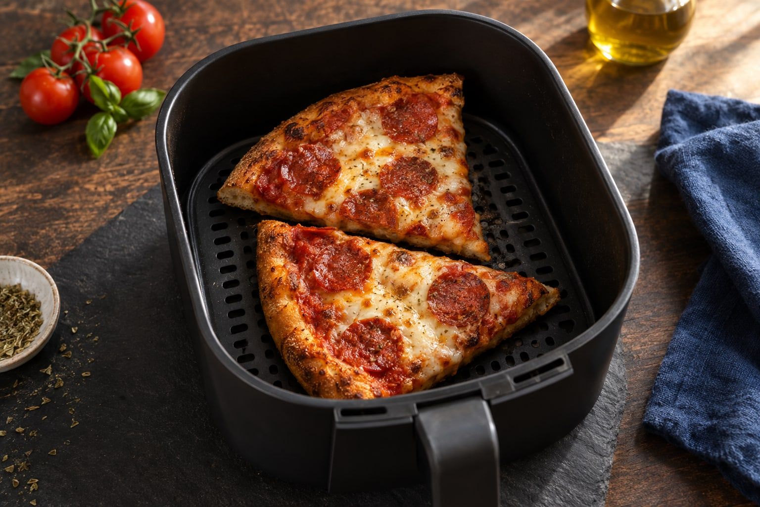 Réchauffer une pizza au air fryer, deux parts de pizza au fromage bouillonnant dans le panier