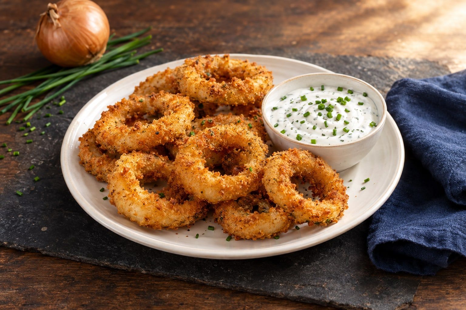 Rondelles d’oignon au air fryer, anneaux panés dorés sur une assiette blanche avec une sauce au fromage blanc et à la ciboulette