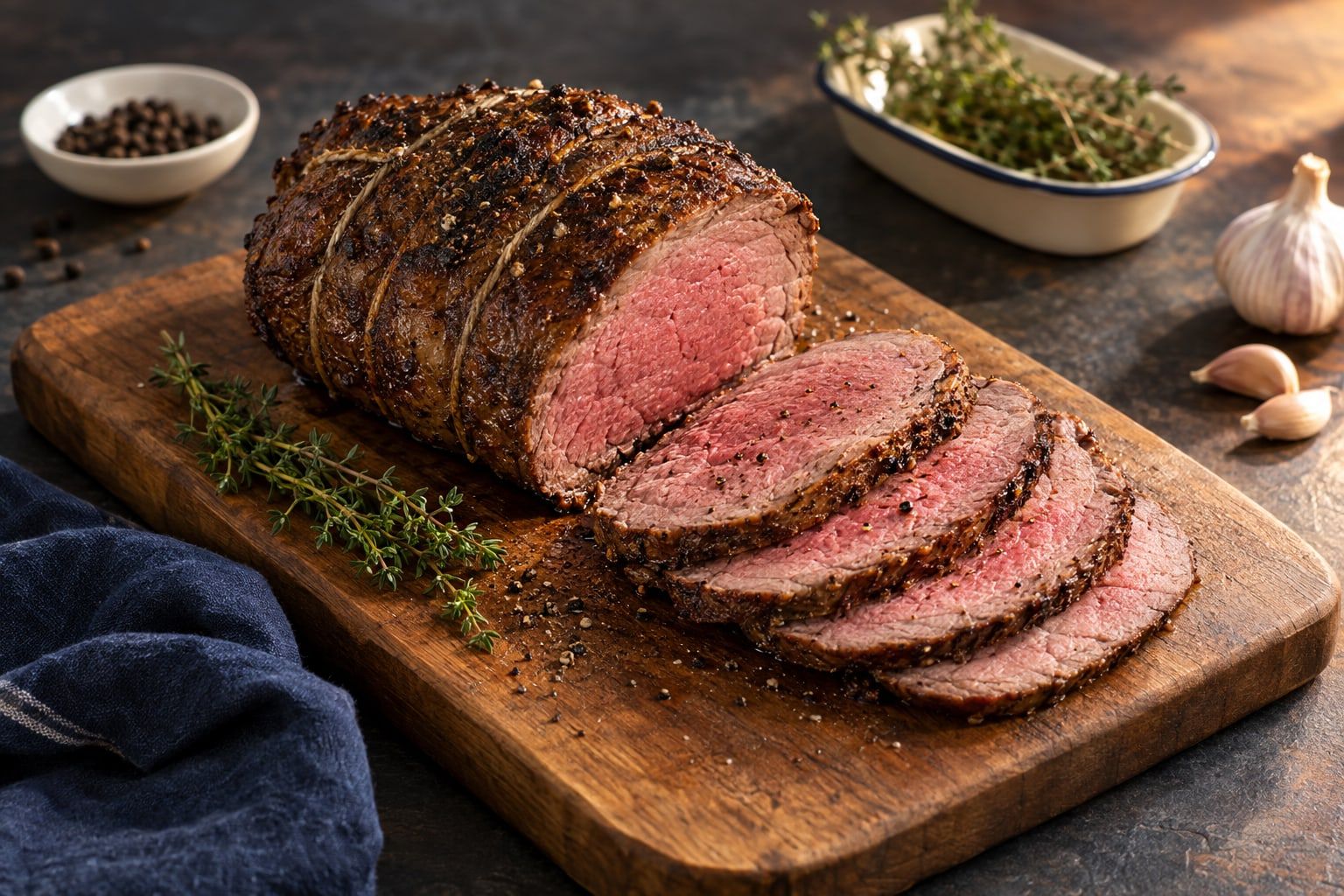 Rôti de bœuf au air fryer, croûte brune et tranches rosées sur une planche en bois