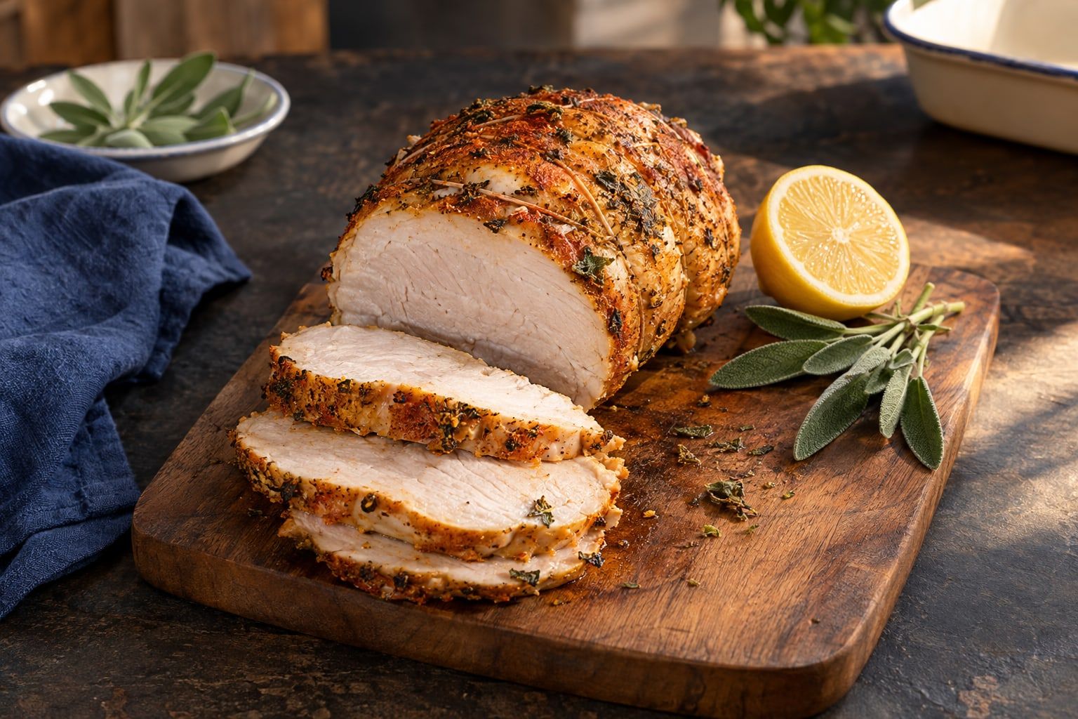 Rôti de dinde au air fryer, croûte dorée à la sauge et trois tranches de blanc juteux sur une planche en bois