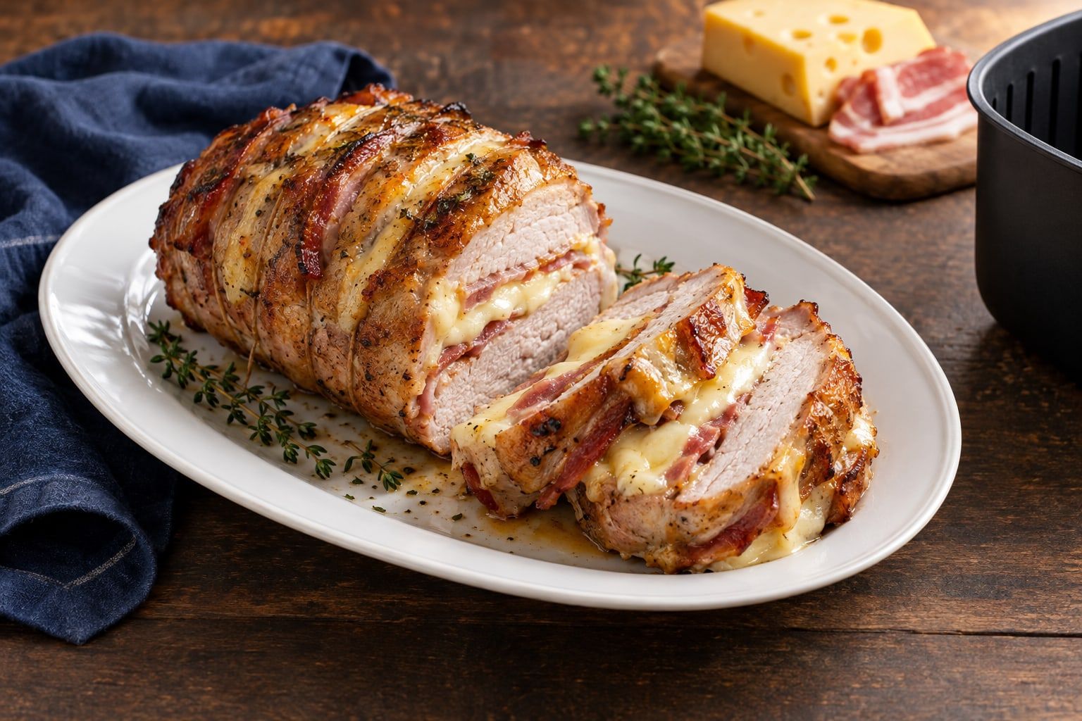 Rôti Orloff au air fryer, tranches épaisses alternant porc, fromage fondu et lard fumé, dans une assiette ovale blanche