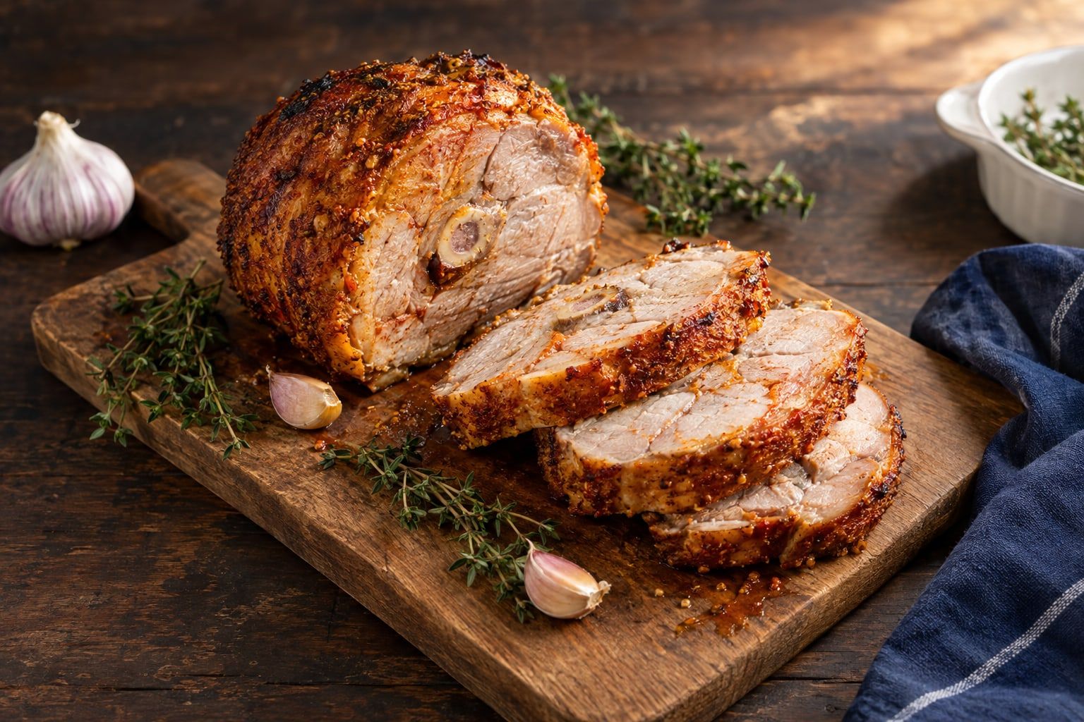 Rouelle de porc au air fryer, tranche ronde avec son os central, croûte moutarde et paprika, découpée sur une planche