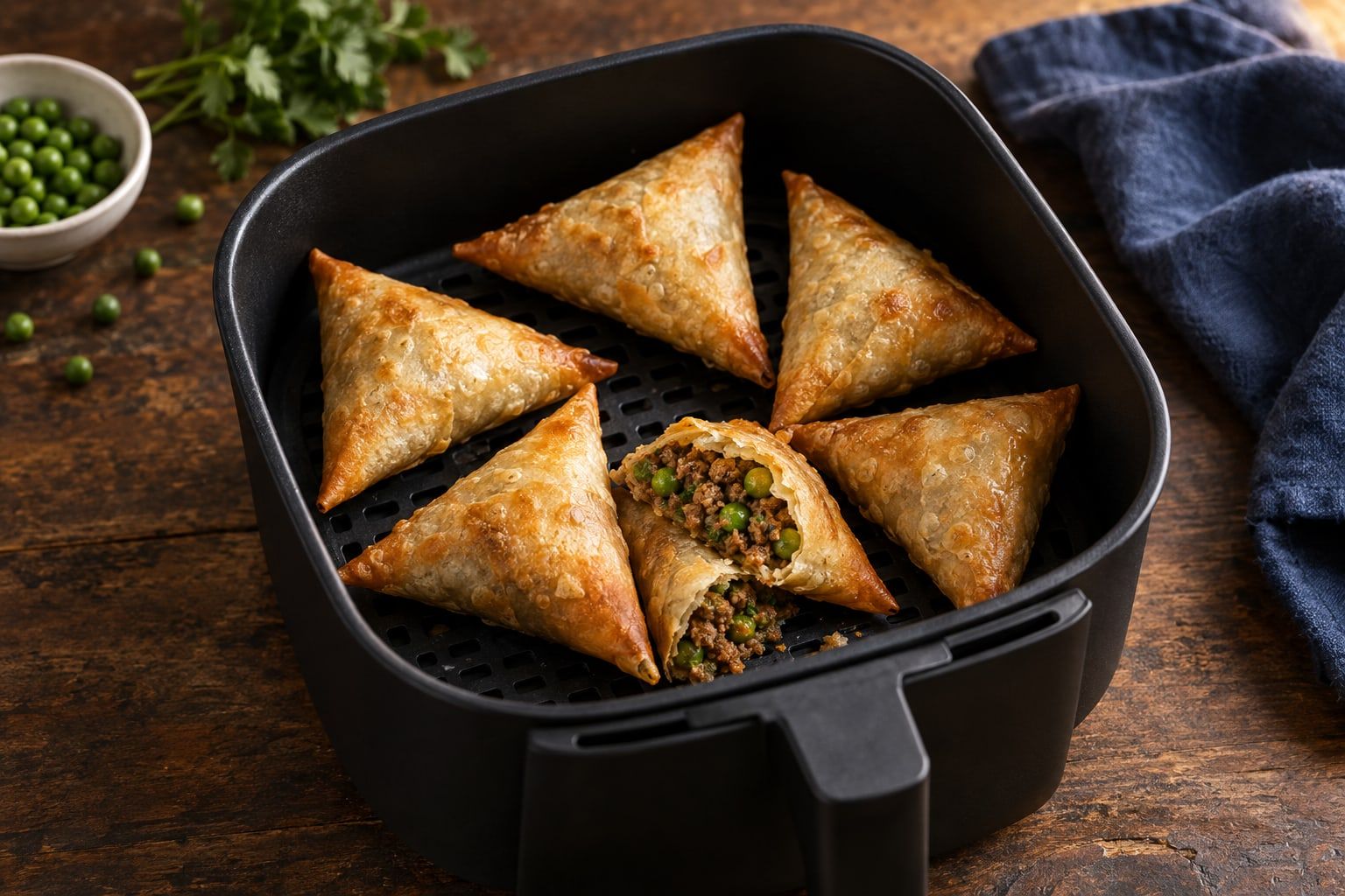 Samoussas au air fryer, six triangles dorés dans le panier noir, l’un ouvert sur la farce de bœuf et de petits pois