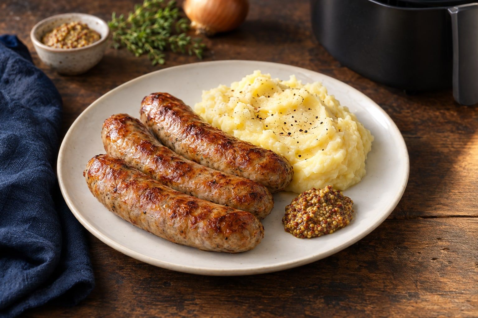Saucisse de Toulouse au air fryer, trois saucisses dorées servies avec de la purée et de la moutarde à l’ancienne