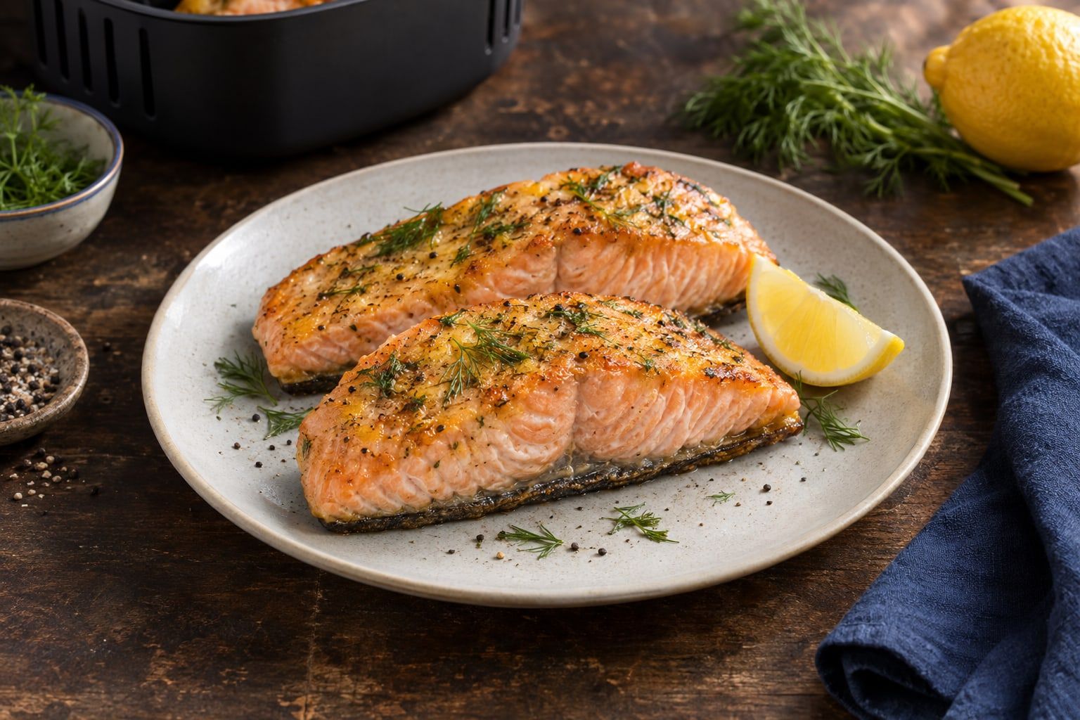 Saumon au air fryer, deux pavés nacrés à l’aneth sur une assiette grise