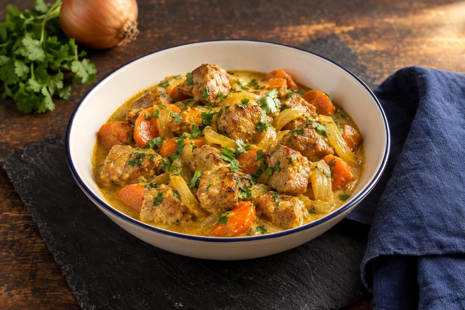 Sauté de porc au air fryer, cubes d’échine dans une sauce curry-coco avec carottes, servis dans un plat rond en émail blanc