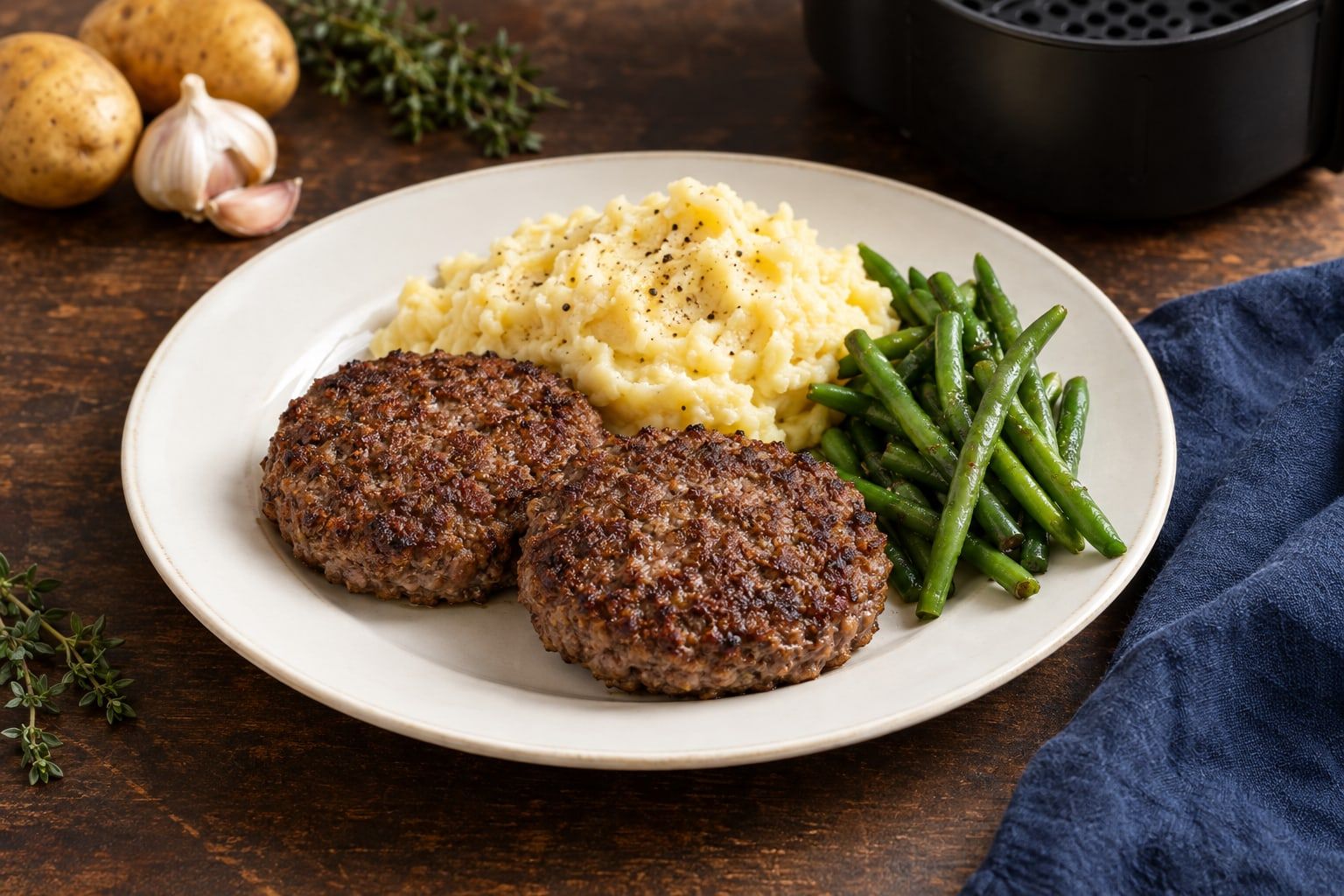 Steak haché surgelé au air fryer, deux steaks ronds dorés avec purée et haricots verts