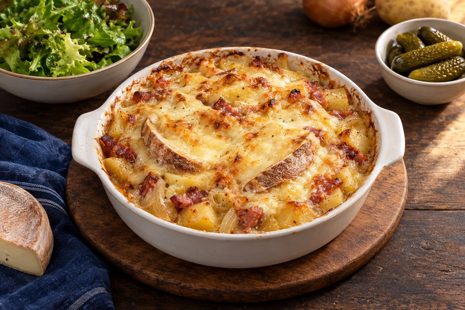 Tartiflette au air fryer, pommes de terre et lardons sous le reblochon fondu et doré, dans un plat rond avec salade verte et cornichons