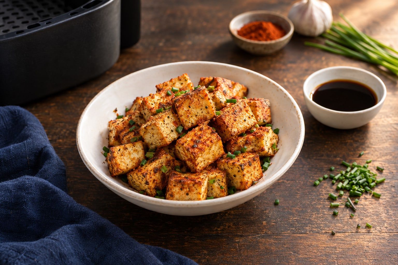 Tofu au air fryer, cubes dorés au paprika fumé dans un bol blanc avec un peu de sauce soja
