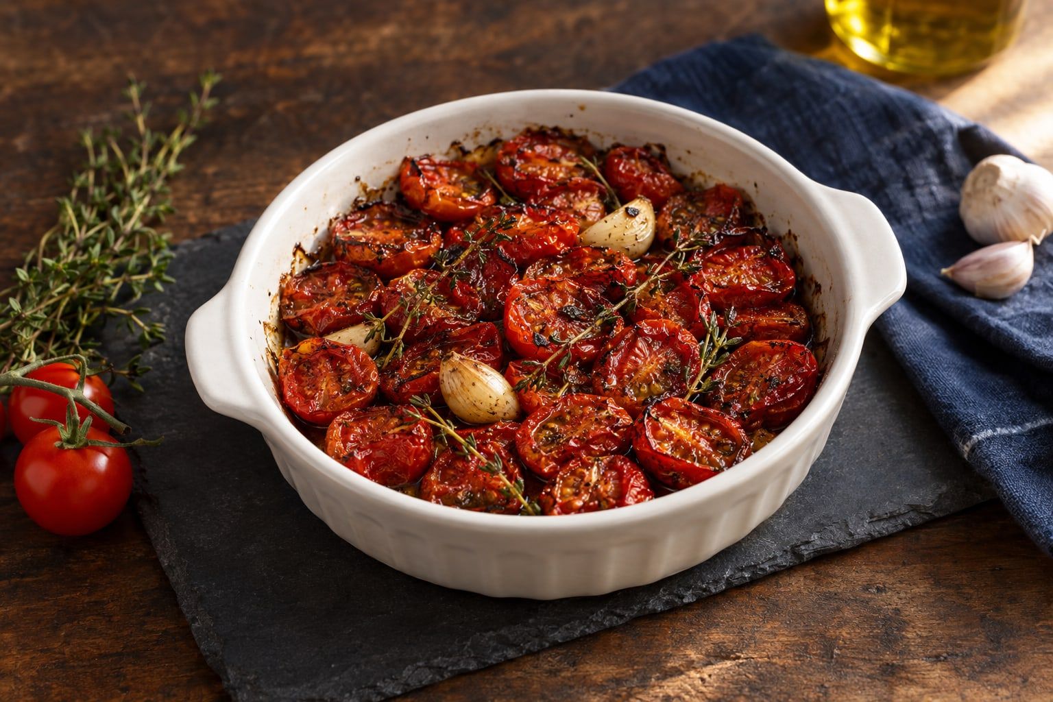 Tomates confites au air fryer, cerises ridées au thym et à l’ail dans un petit plat blanc