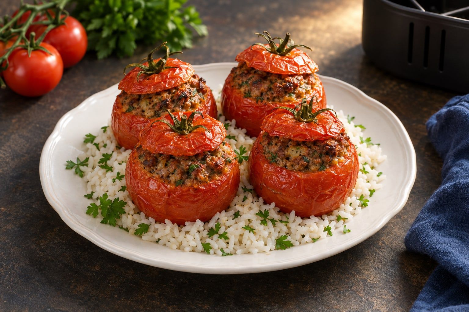 Tomates farcies au air fryer, chapeaux posés sur une farce dorée, servies sur du riz blanc