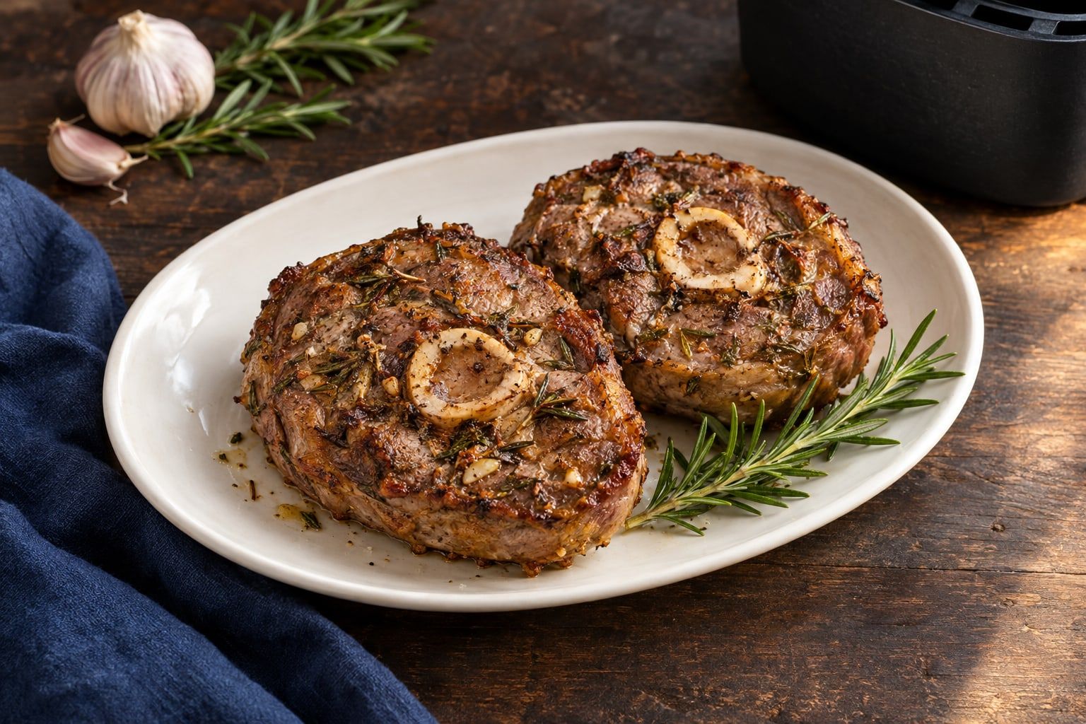 Tranche de gigot au air fryer, croûte dorée au romarin et os rond au centre, sur une assiette ovale
