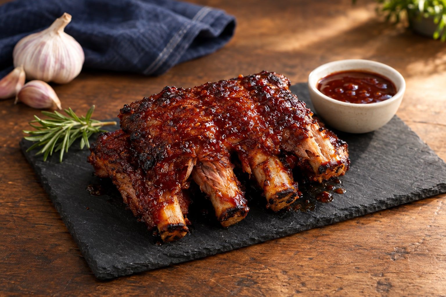 Travers de porc au air fryer, tronçons de côtes laqués à la sauce barbecue, posés sur une planche en ardoise