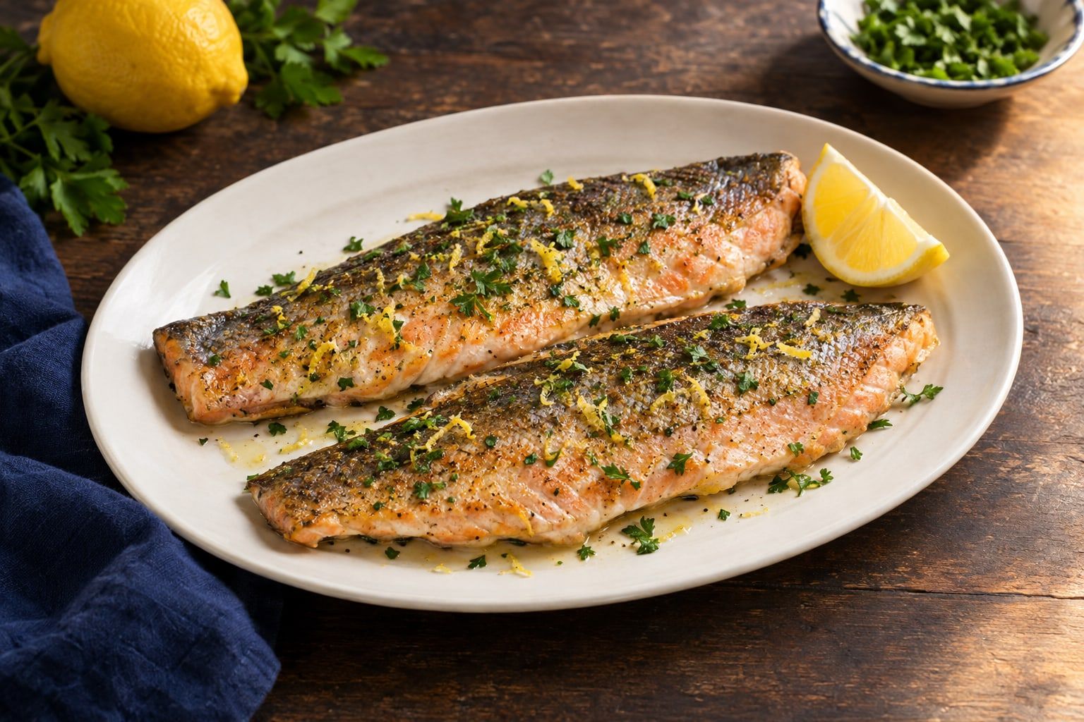 Truite au air fryer, deux filets rosés au persil et au citron sur une assiette ovale