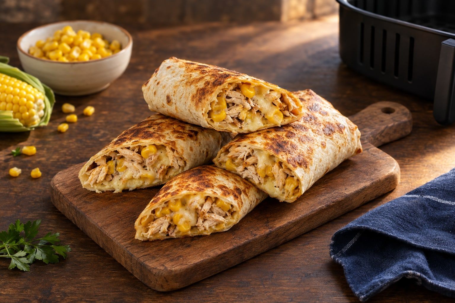 Wraps au air fryer, tortillas dorées coupées en biais sur une planche en bois, garniture de poulet effiloché, maïs et fromage fondu